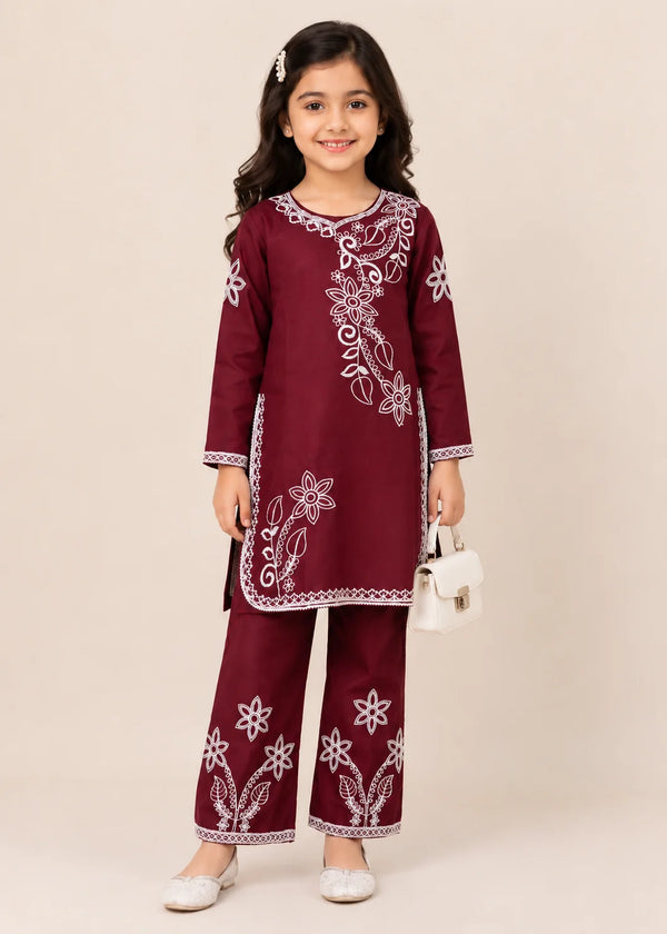 Kids Maroon Embroidered Cotton Kurta Set
