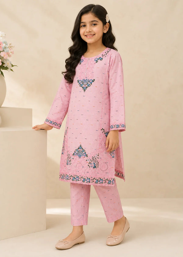 Girls Pink Embroidered Cotton Kurta Set