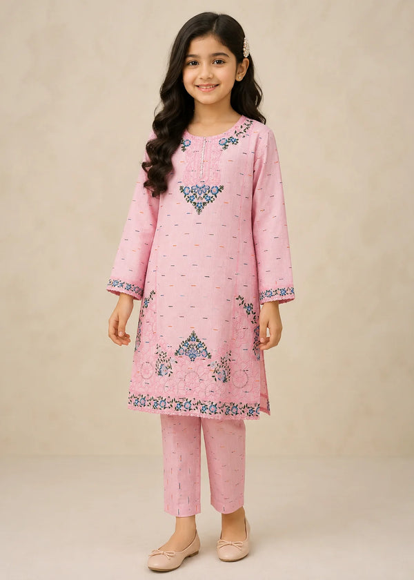 Girls Pink Embroidered Cotton Kurta Set