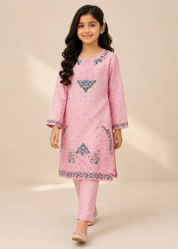 Girls Pink Embroidered Cotton Kurta Set