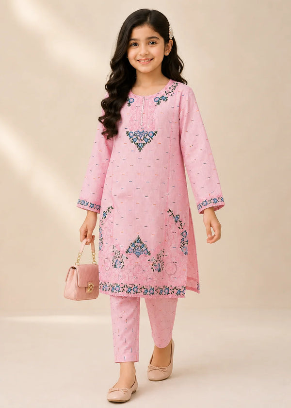 Girls Pink Embroidered Cotton Kurta Set