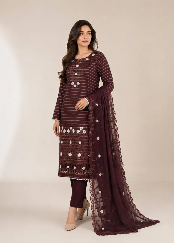 Mocha Muse – Brown Premium Embroidered Linen 3PC Suit with Chiffon Dupatta