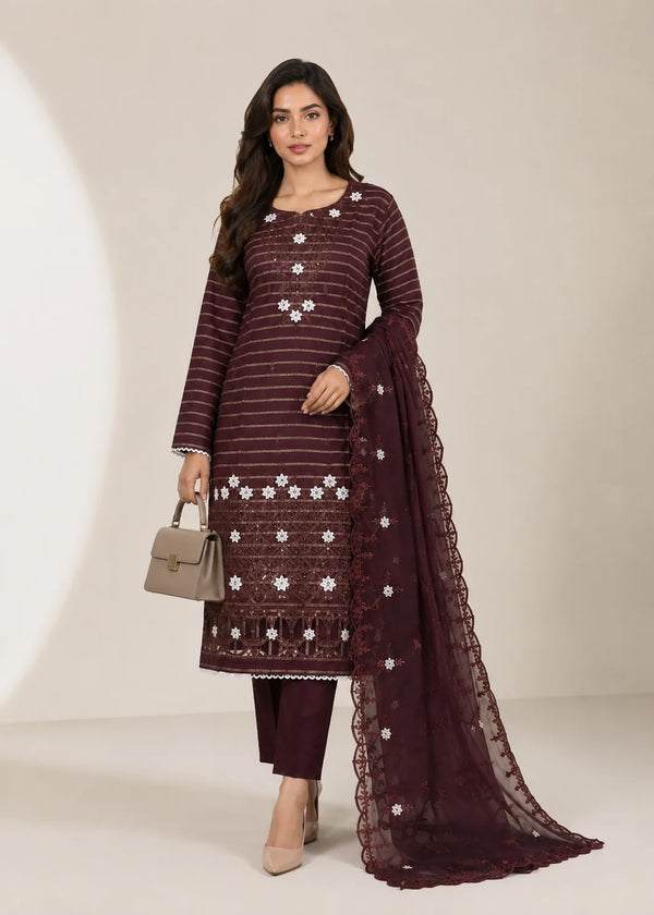 Mocha Muse – Brown Premium Embroidered Linen 3PC Suit with Chiffon Dupatta