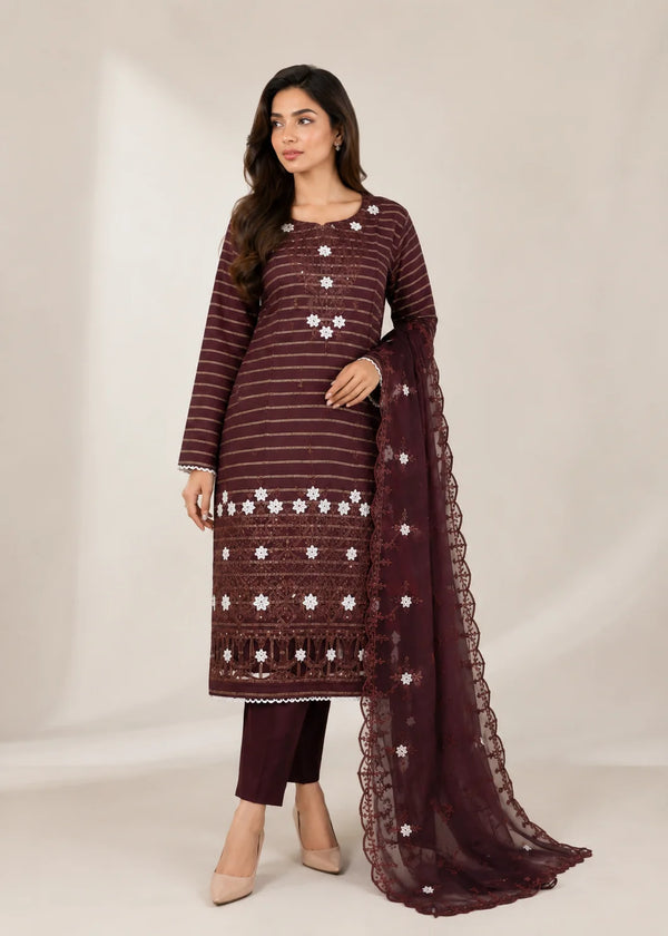 Mocha Muse – Brown Premium Embroidered Linen 3PC Suit with Chiffon Dupatta