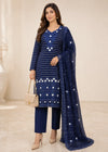 Blue Royale– Navy Blue Premium Embroidered Linen 3PC Dress with Chiffon Dupatta