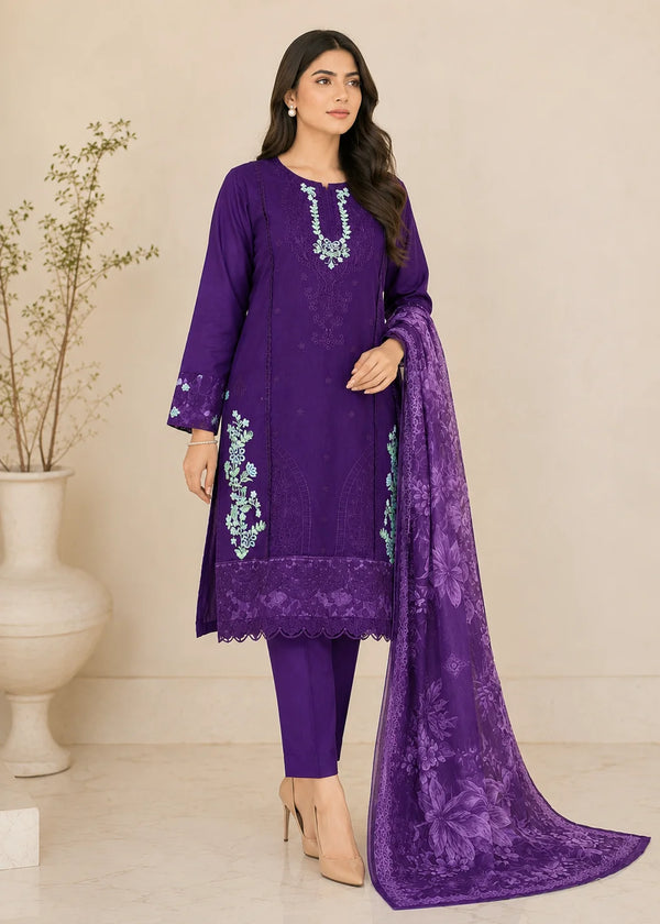 Elegant Purple Embroidered Cambric Kurta Set with Printed Net Dupatta