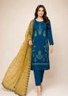 Teal Embroidered Linen Kurta Set with Chiffon Dupatta