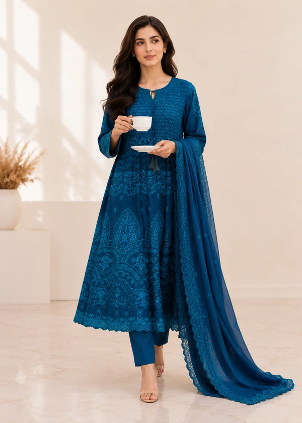 blue Luxury Embroidered Chiffon 3PC Maxi Set