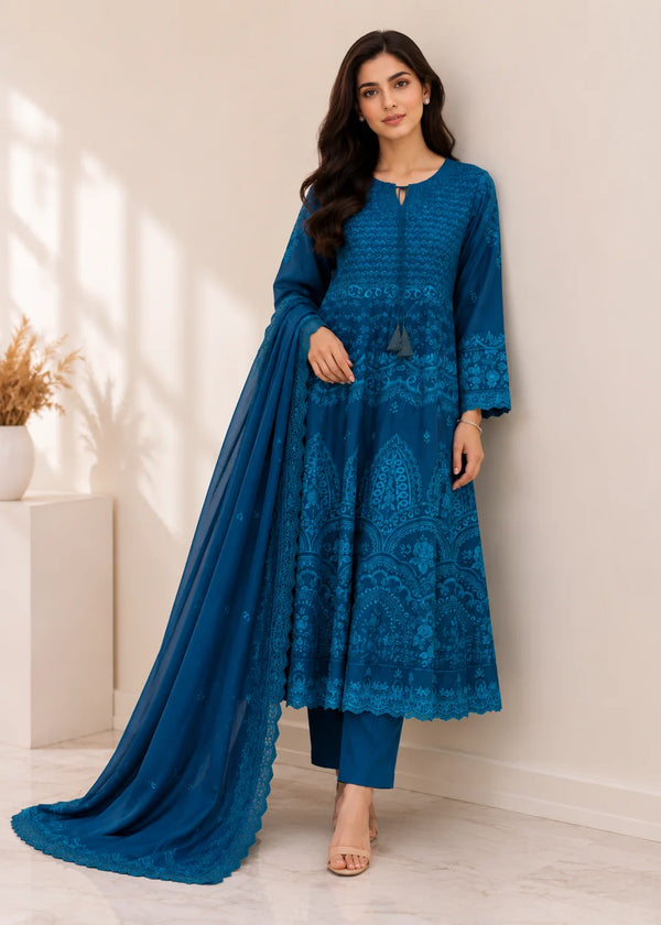 blue Luxury Embroidered Chiffon 3PC Maxi Set
