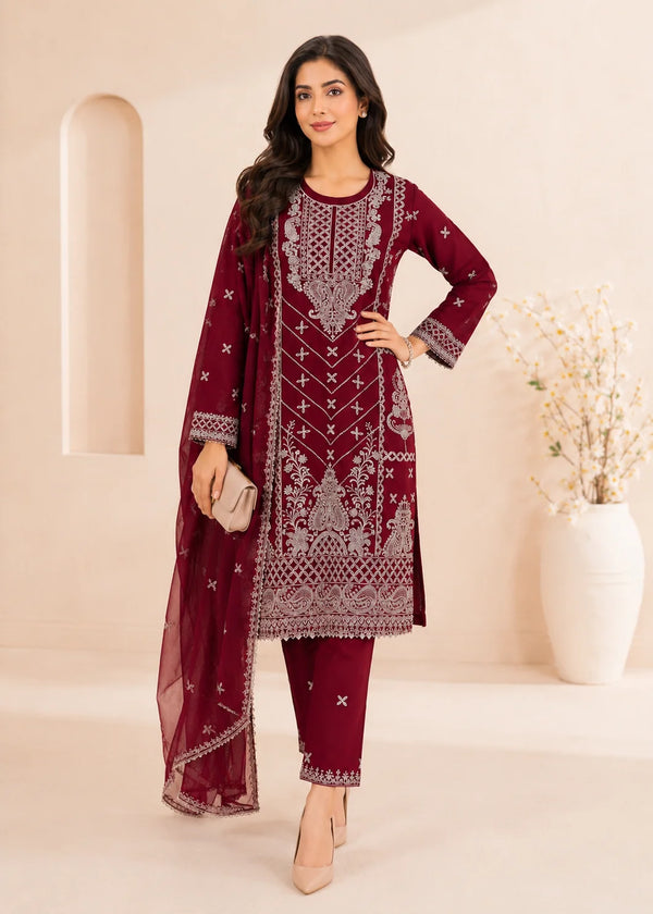 Maroon Eleganza – Designer Embroidered Chiffon Set