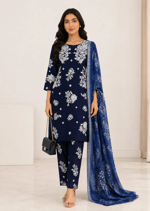 Royal Blue Embroidered Cotton Kurta Set with Printed Net Dupatta