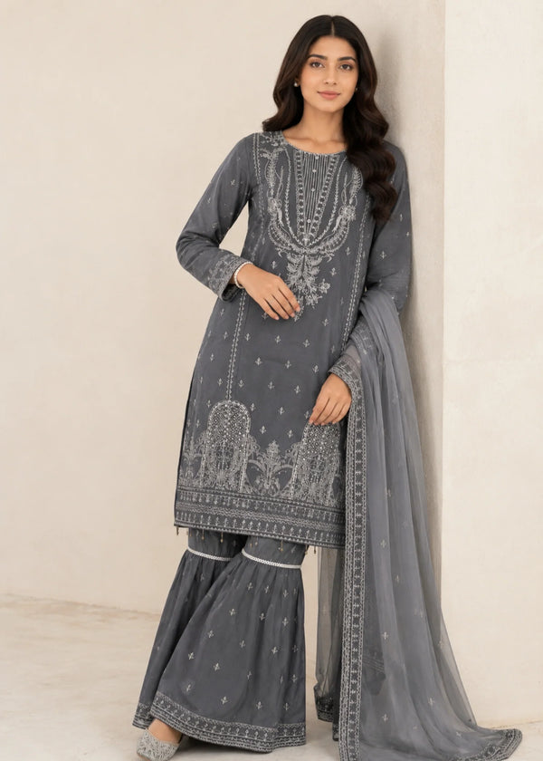 Grey Royale – Premium 3PC Chiffon Gharara Suit