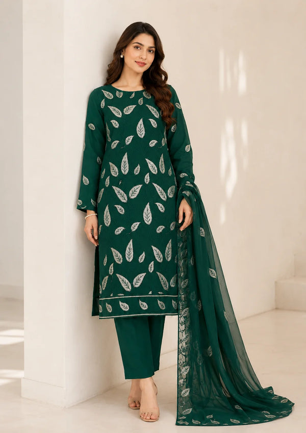 Bottle Green Printed Lawn Kurta Set with Chiffon Dupatta