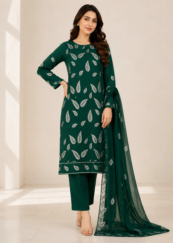 Bottle Green Printed Lawn Kurta Set with Chiffon Dupatta