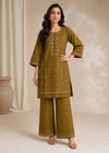 Elegant Olive Green Embroidered Jacquard Kurta Set with Plazzo