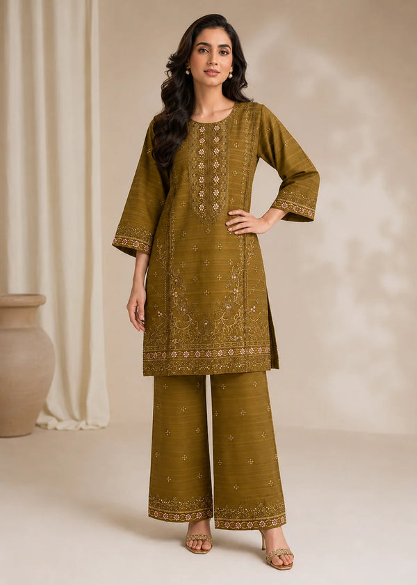 Elegant Olive Green Embroidered Jacquard Kurta Set with Plazzo