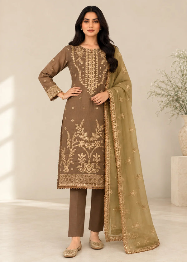 Tan Brown Embroidered LawnKurta Set with Chiffon Dupatta
