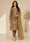 Tan Brown Embroidered LawnKurta Set with Chiffon Dupatta