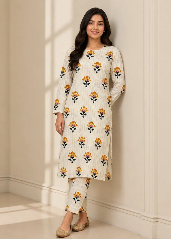 2 Pc Floral Printed Off-White lawn 2-Piece Co-ord Set