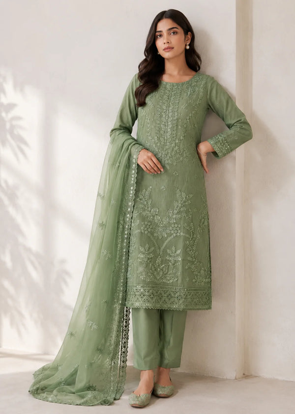 ForestGreen Embroidered Lawn Kurta Set with Trousers & Dupatta