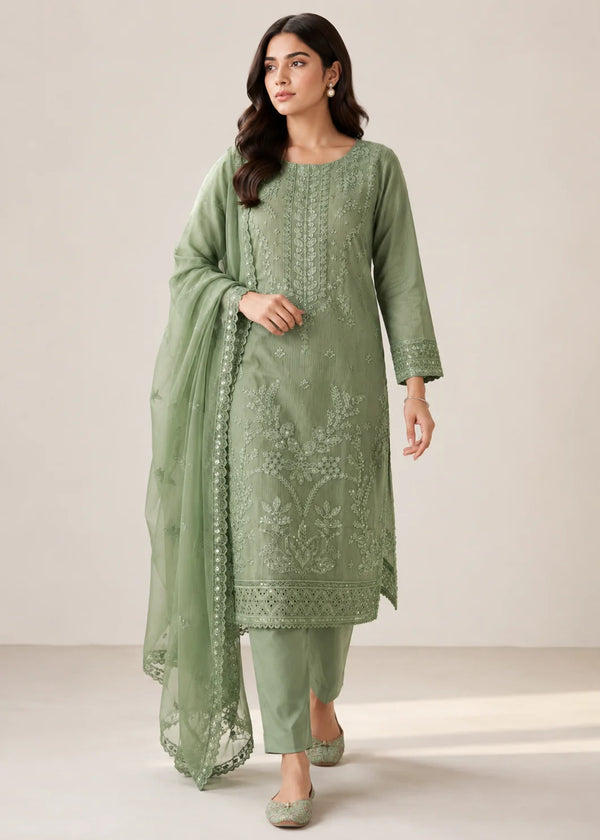 ForestGreen Embroidered Lawn Kurta Set with Trousers & Dupatta
