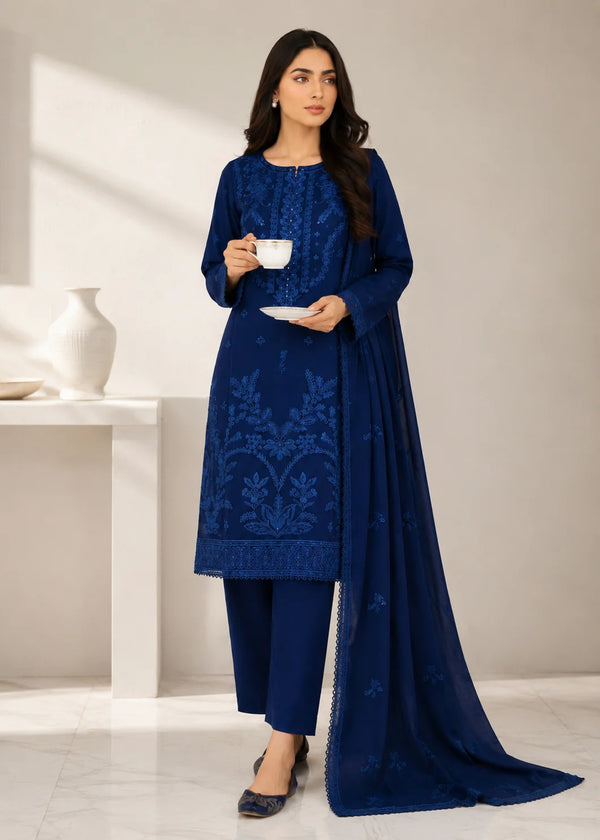 Embroidered Blue Lawn Kurta Set with Chiffon Dupatta