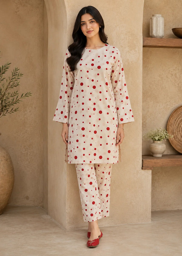 Beige& Red Polka Dot Embroidered Lawn Co-Ord Set