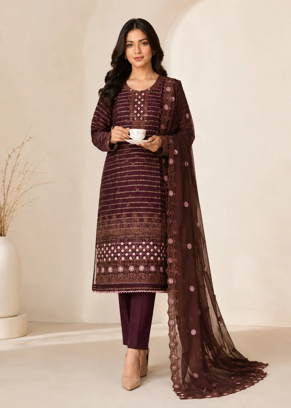 Espresso Aura – Brown Premium Embroidered Linen 3PC Suit with Chiffon Dupatta