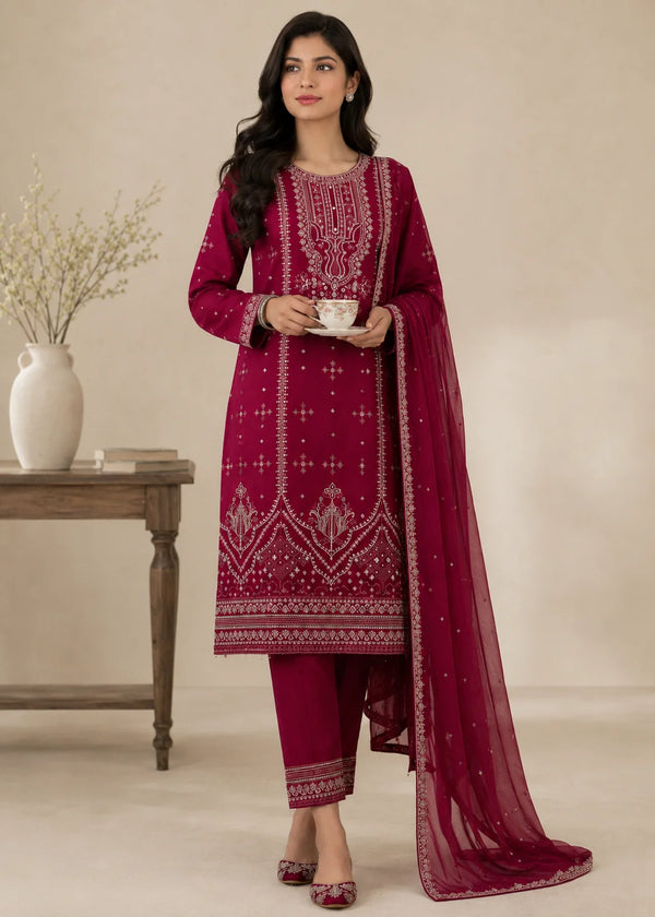Deep Maroon Charm – Premium 3 Piece Chiffon Set