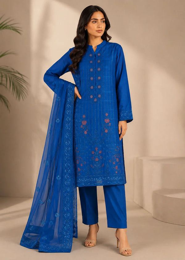 Elegant Blue Printed Lawn Kurta Set with Chiffon Dupatta