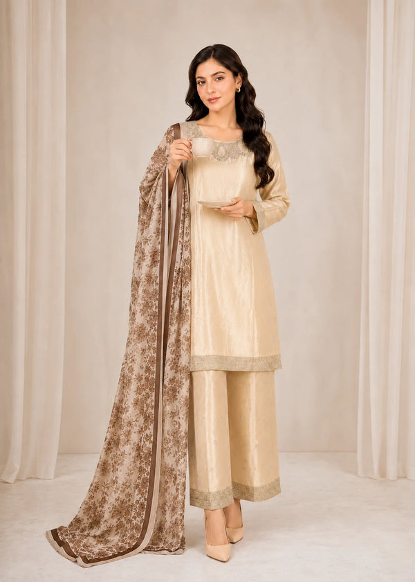 Beige Embroidered Raw Silk Kurta Set with Printed Dupatta