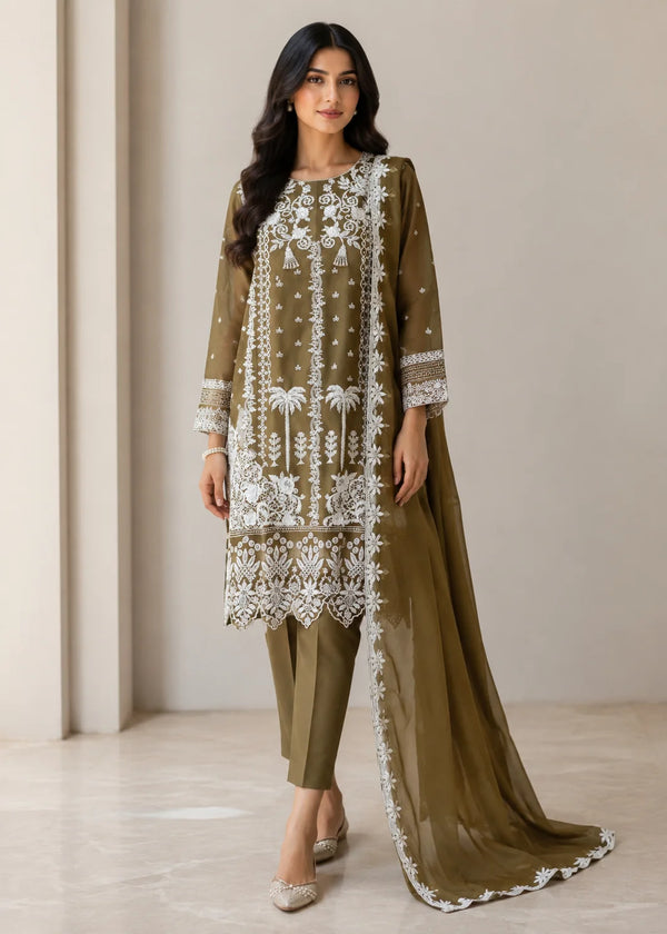 Olive Embroidered Chiffon Kurta Set with Dupatta