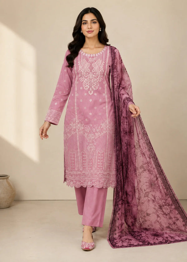 Mauve Embroidered Cotton Kurta Set with Printed Net Dupatta