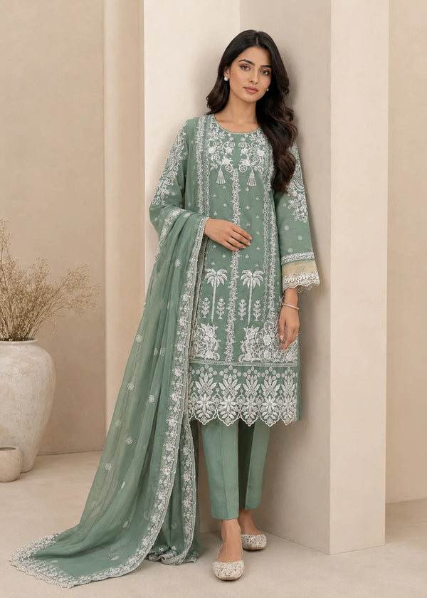 Sea Green Embroidered Chiffon Kurta Set with Dupatta