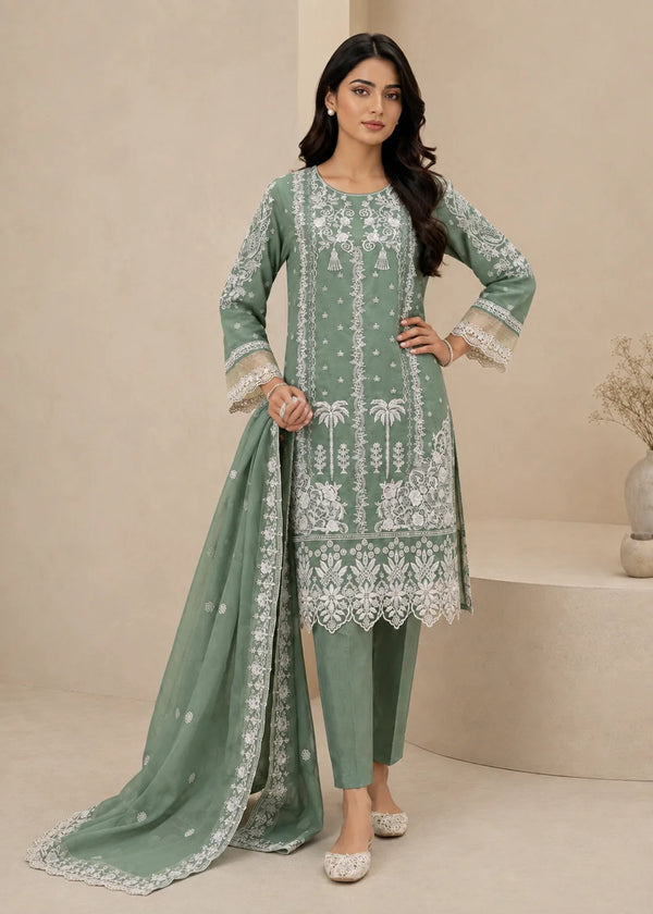 Sea Green Embroidered Chiffon Kurta Set with Dupatta