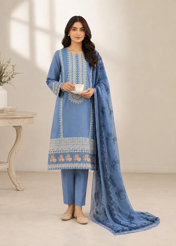 Sky Blue Embroidered Kurta Set with Printed Net Dupatta