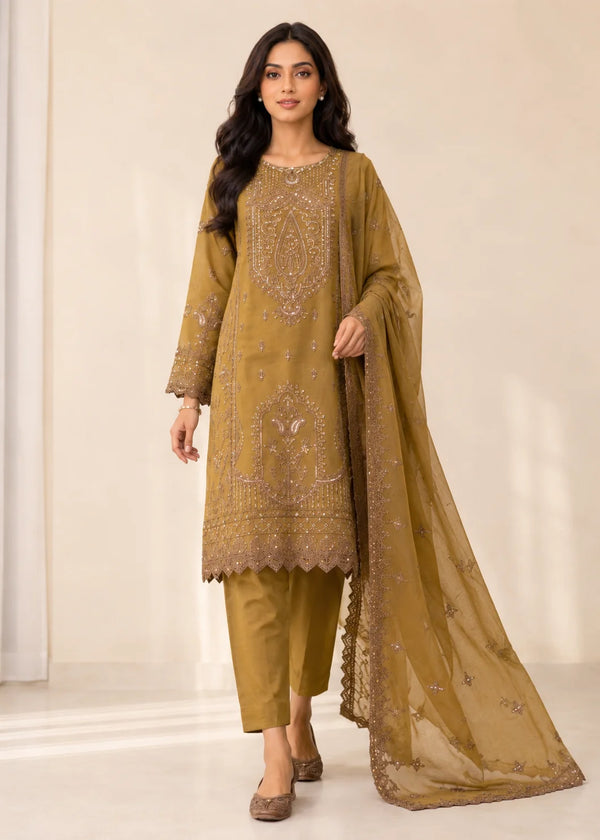 Caramel Veil – Caramel Luxury Embroidered Chiffon 3PC Dress with Silk Trouser