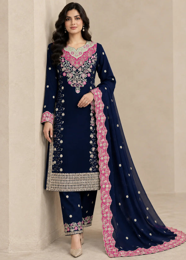 Embroidered Blue Kurta Set with Chiffon Trousers and Chiffon Dupatta