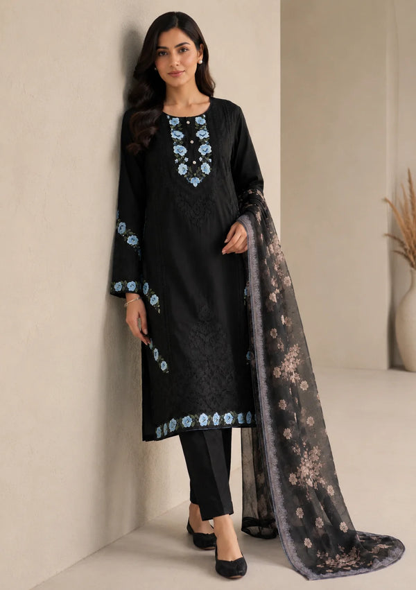 Elegant Black Embroidered Kurta Set with Printed Net Dupatta