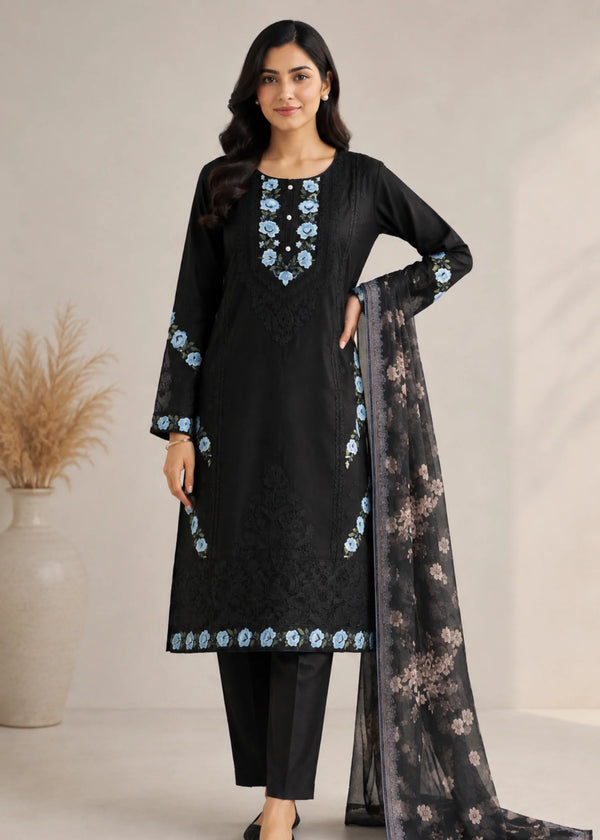 Elegant Black Embroidered Kurta Set with Printed Net Dupatta