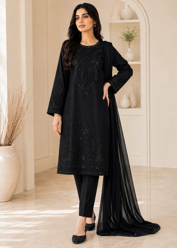 Elegant Black Embroidered Kurta Set with Chiffon Dupatta