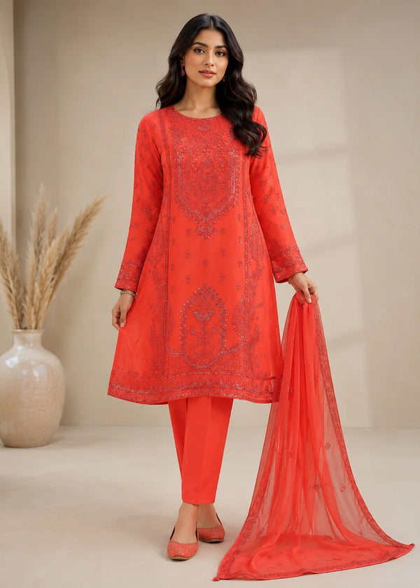 Coral Orange Sequin Embroidered Chiffon Kurta Set