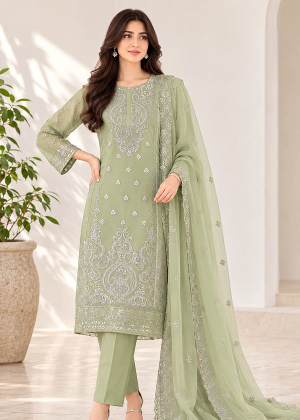 Sage Green Embroidered Kurta Set with Sequined Chiffon Dupatta