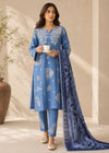 Light Blue Embroidered Cotton Kurta Set with Printed Net Dupatta
