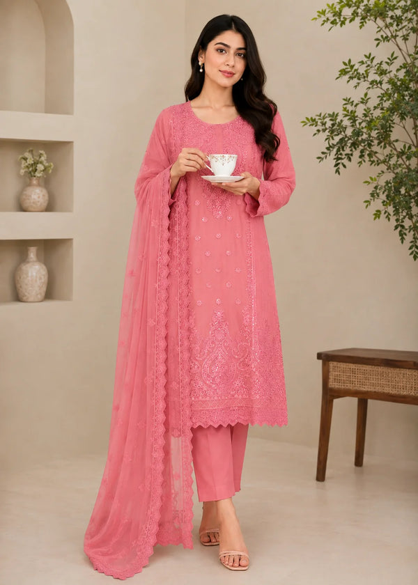 Embroidered Rose Pink Chiffon Kurta Set with Dupatta