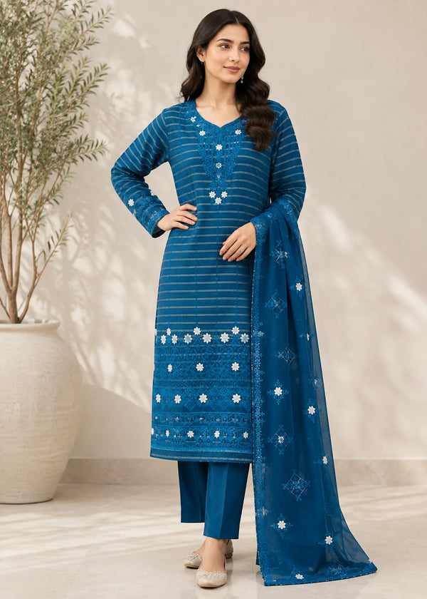 Sea Breeze– Teal Premium Embroidered Linen 3PC Dress with Chiffon Dupatta