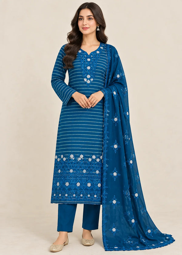Sea Breeze– Teal Premium Embroidered Linen 3PC Dress with Chiffon Dupatta