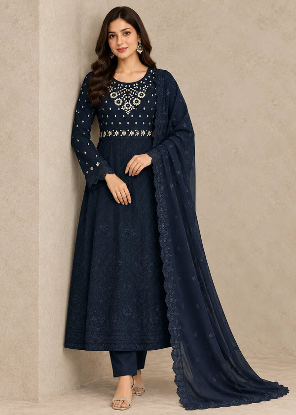 Noir Muse – Blue Luxury Chiffon Maxi 3PC Set with Embroidered Dupatta & Silk Trouser