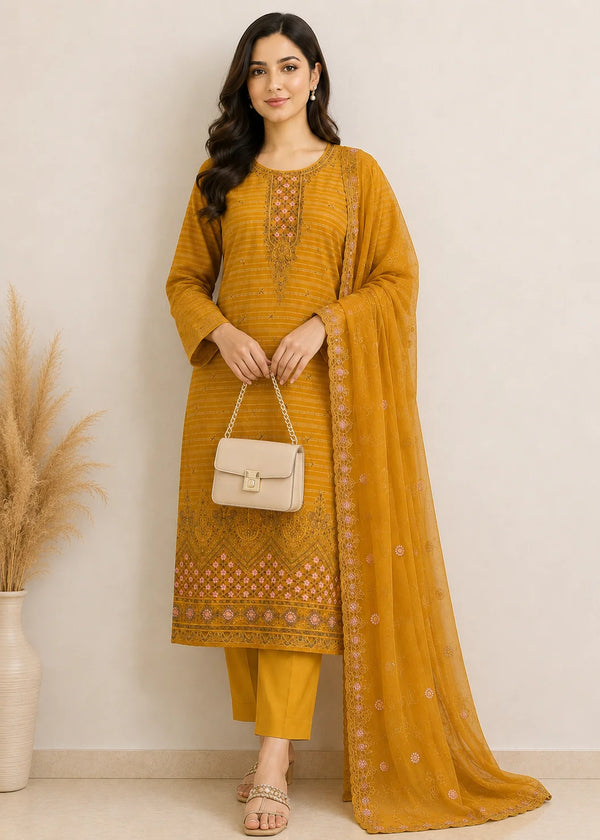 Sunshine Elegance – Mustard Embroidered 3-Pc Suit