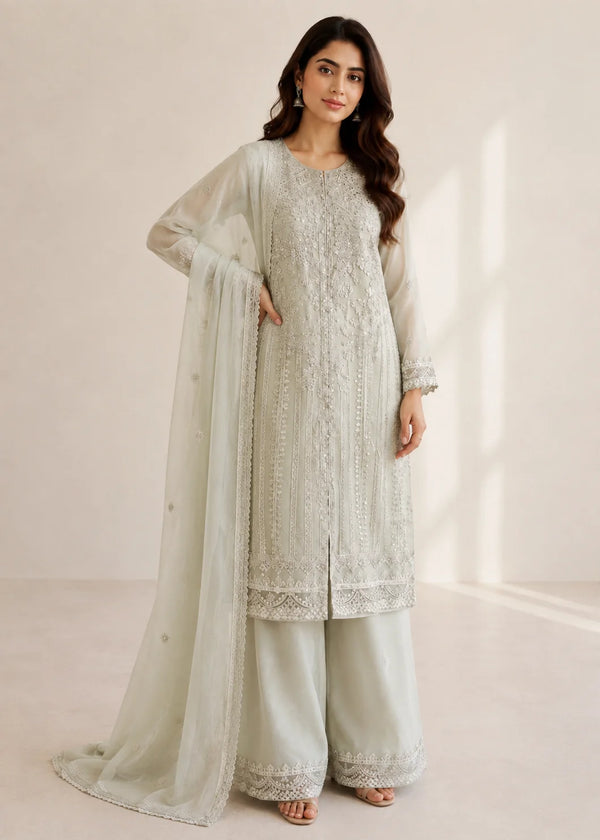 ivory Elegance – Embroidered Chiffon 3 Piece Set